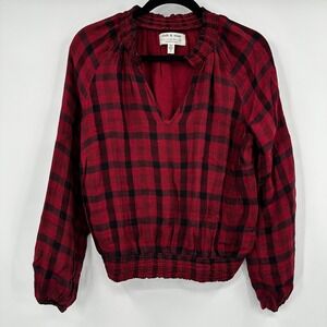 Cloth & Stone Anthropologie Red Buffalo Plaid Smocked V-Neck Blouse Small Rustic